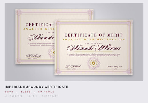 Imperial Burgundy Certificate Template with Rosette Guilloche - A4 Landscape Diploma