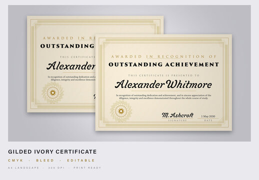 Gilded Ivory Certificate Template with Engraved Guilloche Border - A4 Award Diploma
