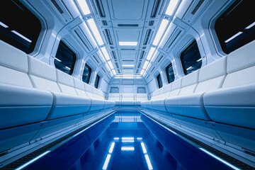 Obraz premium Clean, empty interior of a modern public transit vehicle with sleek design, white seats, blue floor and integrated lighting.