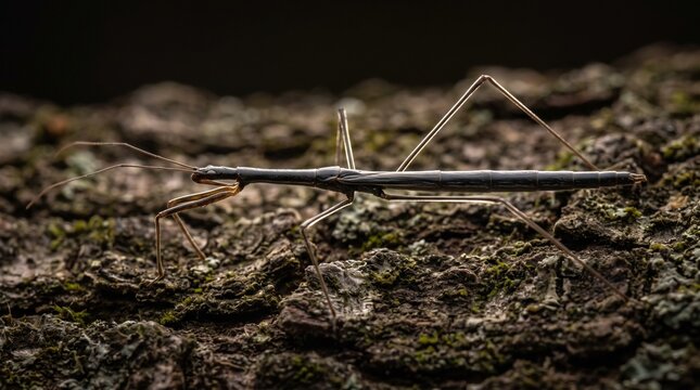 Lateral profile of a thread-legged assassin bug resting on bark in nature