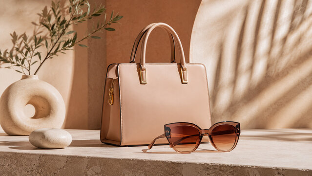 Elegant beige leather handbag and trendy sunglasses displayed on minimalist background.