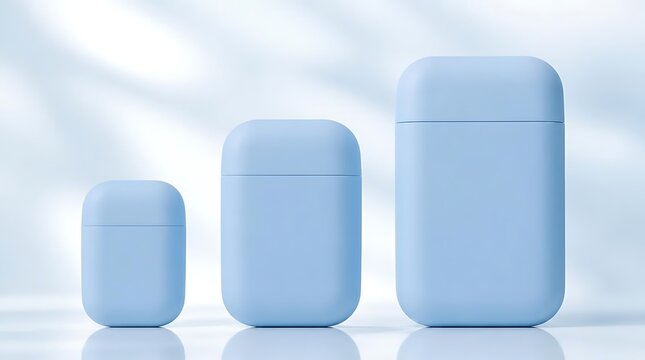 Three pastel blue charging cases in different sizes arranged in a row.