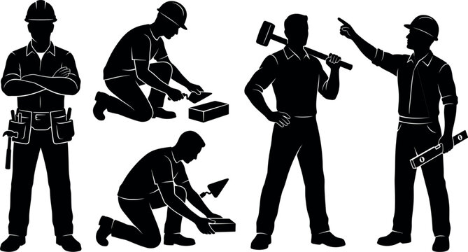 Construction worker silhouettes depict various building trades against a white background builder craftsman