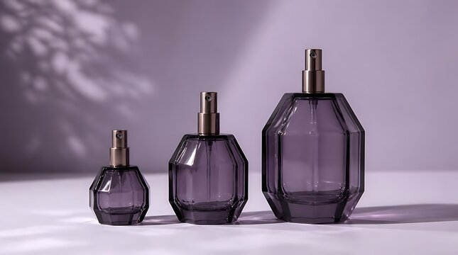 Three elegant faceted purple glass perfume bottles of varying sizes arranged on a surface with soft shadows.