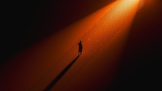 Human silhouette walks on binary data path at night