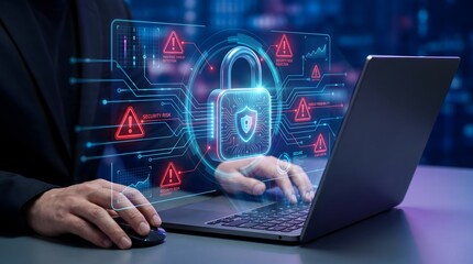 Fototapeta premium Cybersecurity risk management dashboard displaying glowing padlock and threat detection alerts for IT defense
