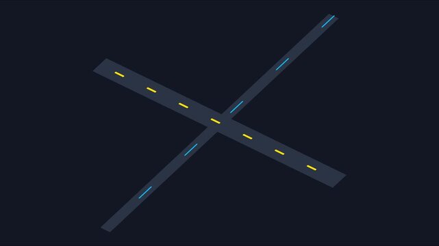 Minimalist isometric road intersection animation: abstract highway crossing concept for urban planning and traffic management 4k