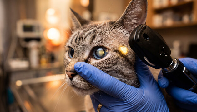 Feline ophthalmology direct ophthalmoscopy for cataracts at a veterinary clinic