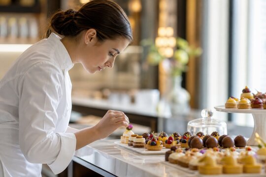 Pastry chef garnishing elegant petit fours on a bakery counter