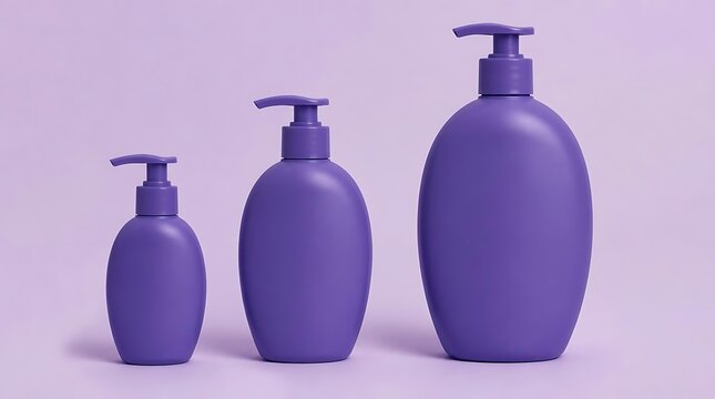Three purple pump bottles of different sizes arranged on a light background.