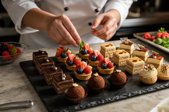 Pastry Chef Garnishing Elegant Dessert Platter with Mint Leaf