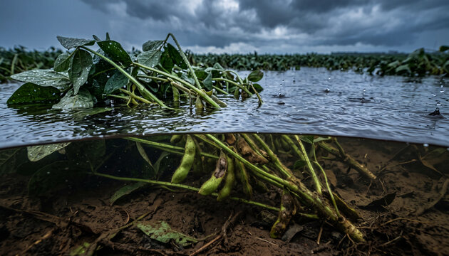 Monsoon flooding affects soybean crops in a flooded field