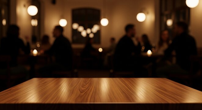 Empty wooden table surface in a dark cozy restaurant with blurry people in the background, warm moody interior dining space