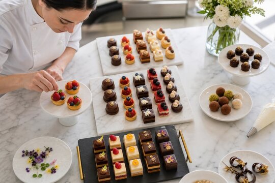 Female Chef Garnishing Elegant Petit Fours on Marble Counter