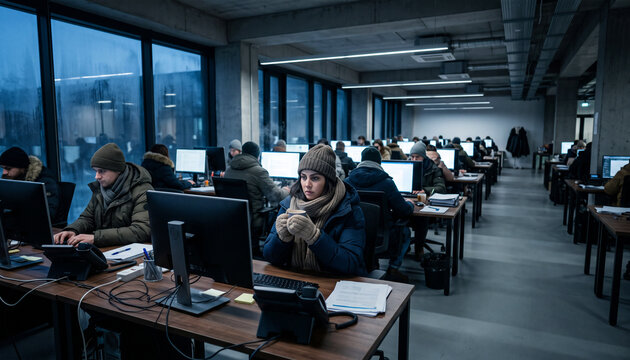 Employees work in a modern office wearing down jackets during the cold evening