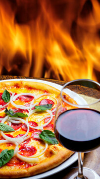 Delicious pepperoni pizza with onions and fresh basil, served with a glass of red wine against a roaring fire background.
