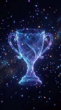 Futuristic glowing trophy cup with neon particles and large copy space, digital sports website banner wide format, championship success concept.