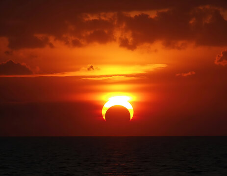 Partial solar eclipse over ocean with fiery orange clouds and dark water reflection creating dramatic and awe-inspiring celestial event for astronomical concepts.