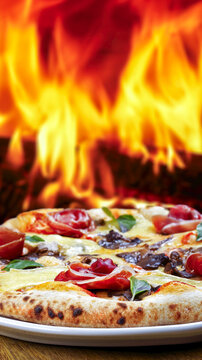 Freshly baked artisanal pizza with prosciutto, mushrooms, and melted cheese on a plate. Intense fire from a wood-burning oven roars in the background. Vertical shot.