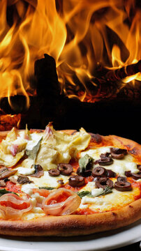 Gourmet wood-fired pizza with artichokes, mushrooms, black olives, and prosciutto on a rustic plate, set against a backdrop of roaring flames and logs in a traditional stone oven.