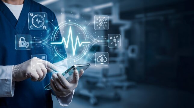 Artificial intelligence in healthcare featuring secure patient monitoring interface on futuristic glass tablet