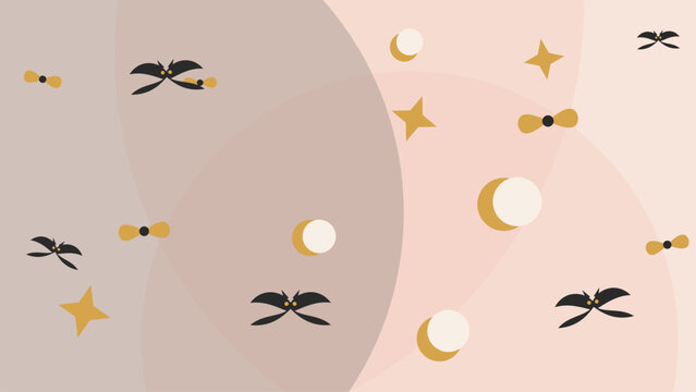 Adobe Illustrator Artwork Abstract Celestial Background with Dragonflies Moons and Stars in Beige Tan Pink Gradient for Minimalist Decorative Digital Design