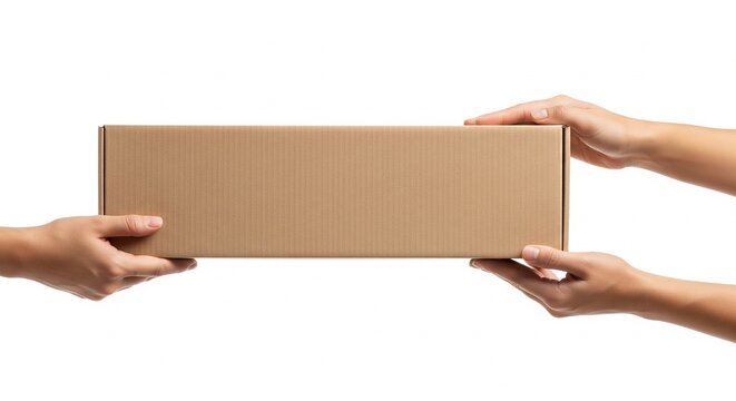 Delivery courier and customer hands exchanging a closed cardboard box package isolated on white background for shipping service
