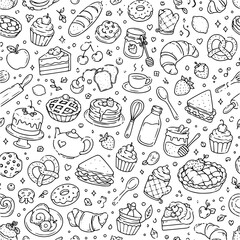 Fototapeta premium Bakery and Pastry Shop Seamless Pattern - Vector Doodle Background with Cake, Pie, Bread, Jam, Pretzel, and Baking Tools