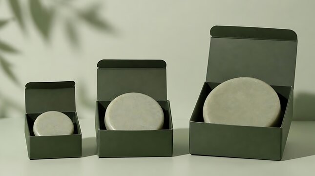 Three Green Boxes Containing Round Solid Products Lined Up.