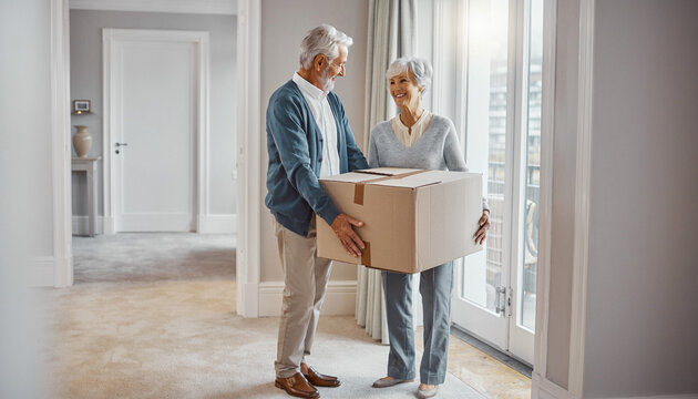 Happy senior couple carrying a large cardboard moving box into their bright new home, smiling warmly at each other. Evokes hope and excitement for a fresh start in retirement.