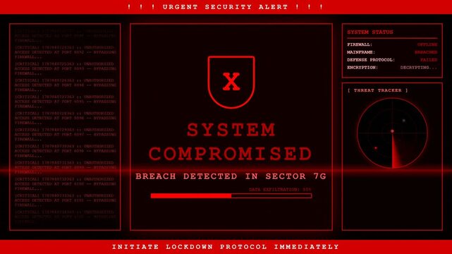 Urgent security alert system compromised breach red screen.