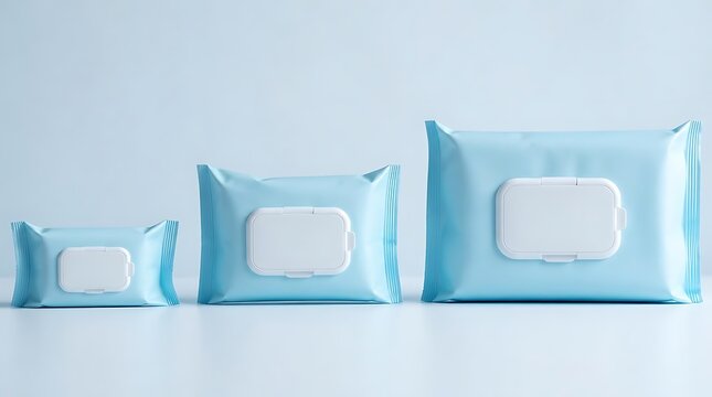 Three Blue Wet Wipes Packages in Different Sizes on a Light Blue Background.