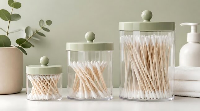 Three glass jars filled with cotton swabs on a shelf with a plant and soap dispenser.