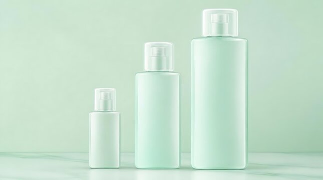 Three minimalist cosmetic bottles of varying sizes arranged in a row against a soft pastel background.