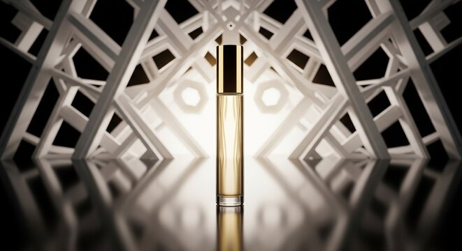 Elegant golden perfume bottle displayed on a polished reflective surface against a sophisticated abstract geometric architectural background