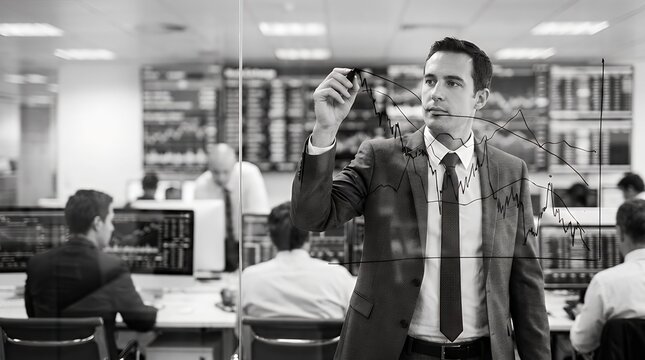 A person on stock exchange drawing on glass board visualization showing a person on the stock exchange drawing with a marker on a glass board for abstract and finance concepts 3D render person on