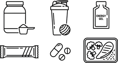 Fototapeta premium Sports nutrition and fitness supplements outline icon set with protein powder shaker and meal prep elements