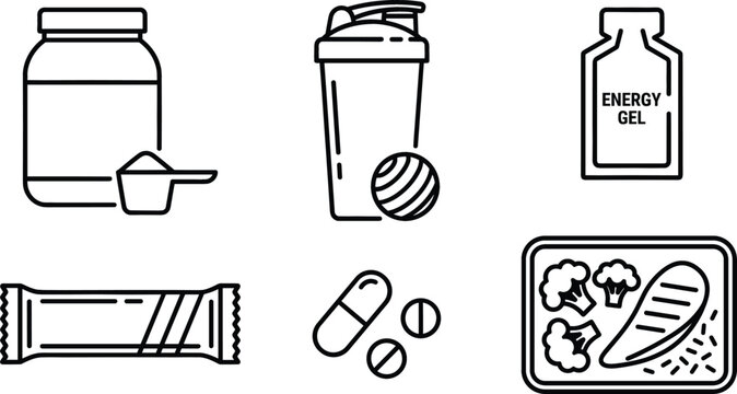 Sports nutrition and fitness supplements outline icon set with protein powder shaker and meal prep elements