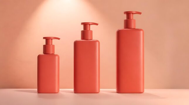 Three coral colored pump bottles of various sizes arranged on a surface with soft lighting.