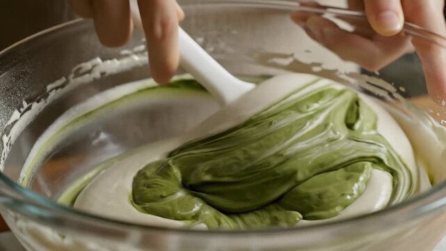 Close-up of a silicone spatula folding a vibrant matcha green tea paste into a smooth white cake batter inside a clear glass bowl for baking
