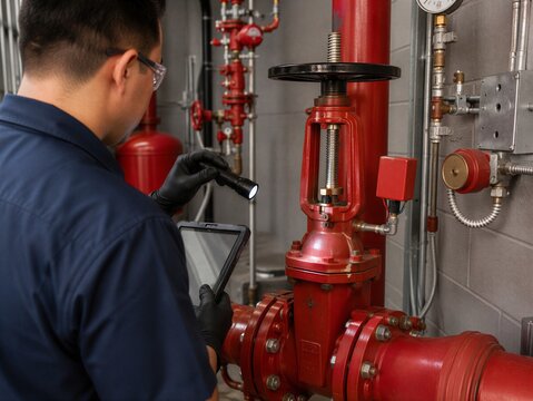 Fire protection inspector checking OS&Y control valve