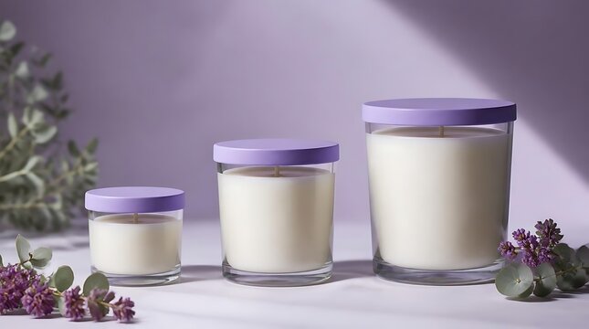 Three glass jar candles with purple lids and lavender sprigs on a light purple background.
