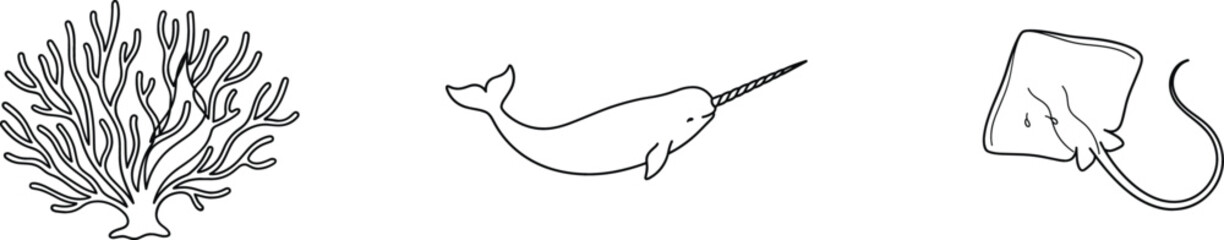 Underwater sea creatures and marine reef life line art vector set for ocean wildlife design projects © Sabbir Studio