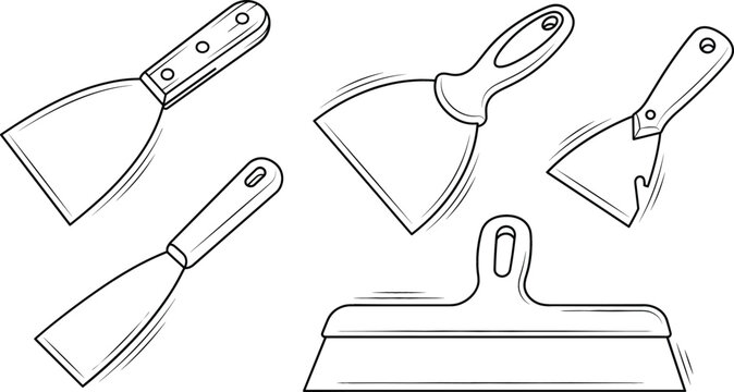 Putty knife and drywall taping scraper line art vector set for home renovation and repair construction tools