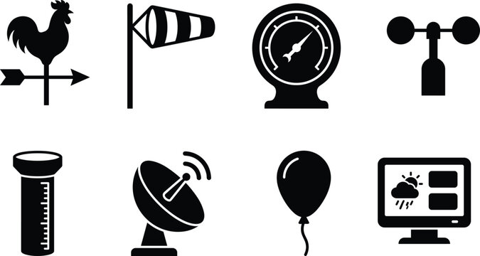 Set of Black Weather Instruments Icons Including Wind Vane Anemometer Compass and Meteorological Tools