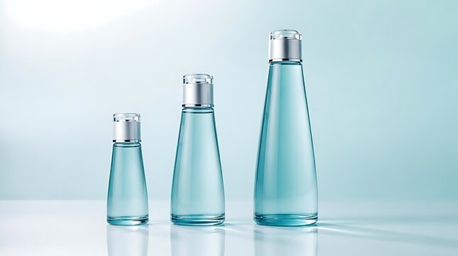 Three clear glass bottles with silver caps arranged on a light blue background.
