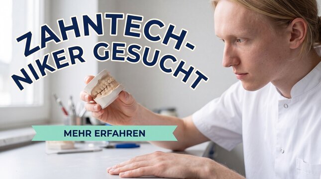 Zahntechniker gesucht Mann untersucht Gebissmodell im Dentallabor