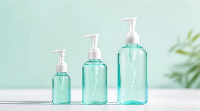 Three clear plastic bottles with pump dispensers containing blue liquid hand sanitizer on a white surface with a blurred green background and a plant leaf.