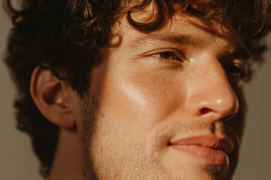 Luminous hydrated skin close up portrait of young man with freckles and curly hair in warm natural light showing healthy texture and dewy glow
