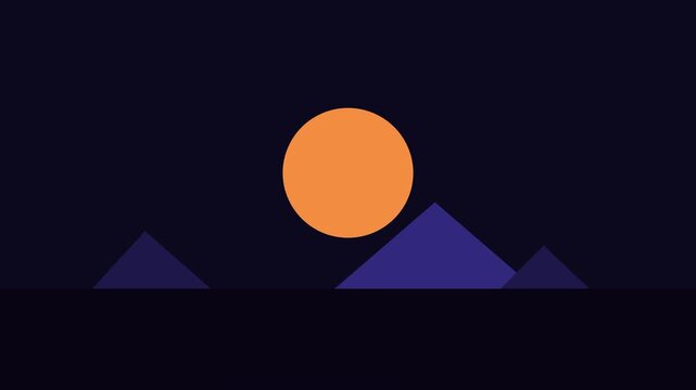 Minimalist sunset over mountains animation: orange sun setting behind purple peaks in a flat style 4k background